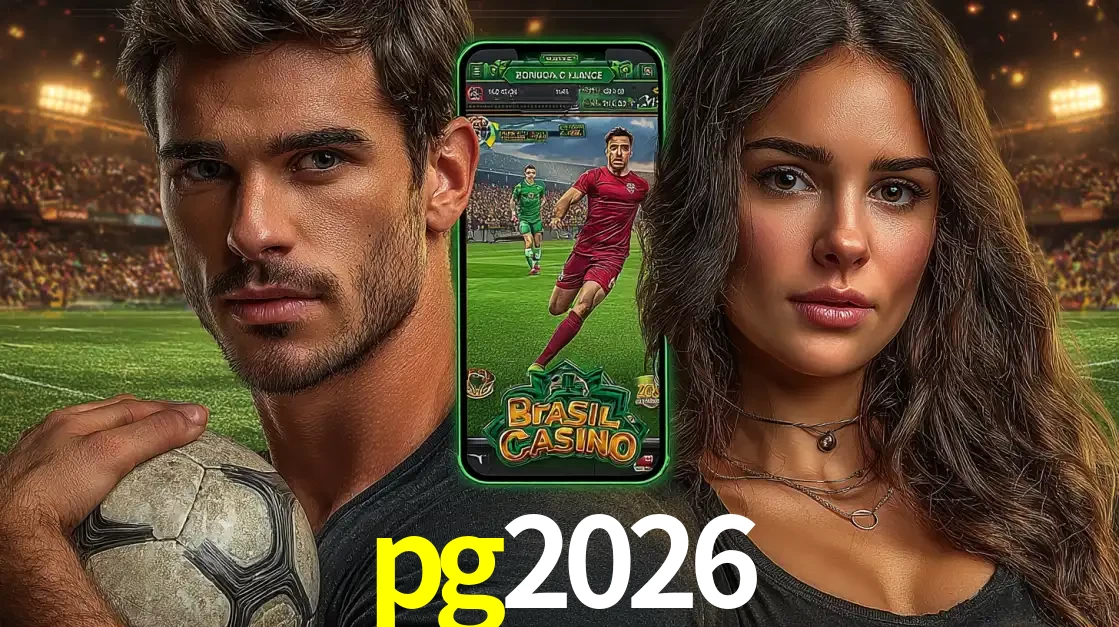 Homem segurando uma bola de futebol e uma mulher ao lado de um smartphone exibindo o jogo de apostas esportivas da pg2026. Faça seu palpite no cassino online.